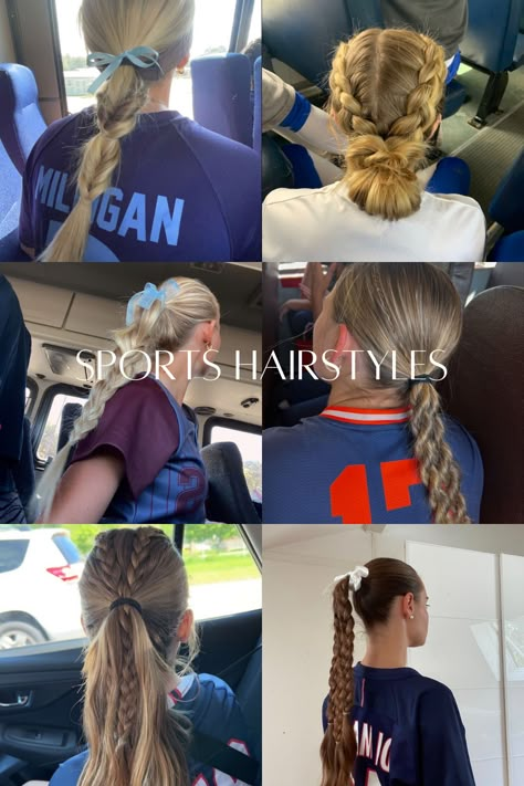 Hairstyles for sports, softball hairstyles, volleyball hairstyles, braids, bows, buns, long hair Sports Pictures Hairstyles, Tennis Hairstyles Long Hair, Taekwondo Hairstyles, Pickleball Hairstyles, Tennis Hairstyles Short Hair, Hairstyles For Tennis, Sports Day Hairstyles, Athletic Hairstyles For Short Hair, Simple Volleyball Hairstyles