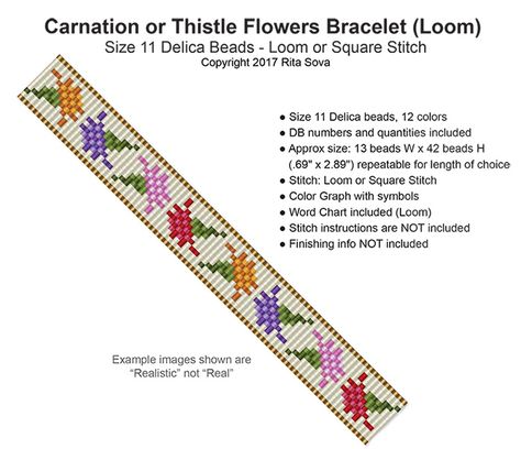 Bracelets With Flowers, Bracelet Loom, Color Graphing, Bead Loom Pattern, Thistle Flower, Loom Pattern, Seed Bead Patterns, Bead Loom Bracelets, Beaded Lanyards