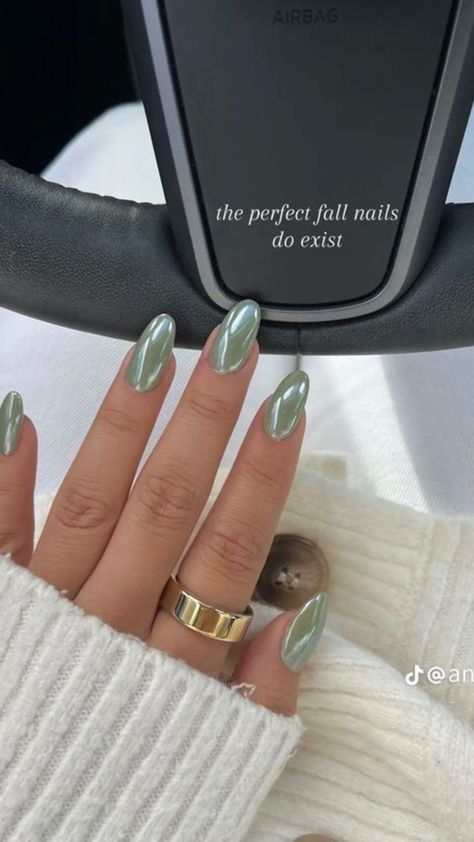 Nails For Green Wedding, Deep Olive Green Nails, Crome Green Nail, Fall Nail Colors Neutral, Opal Green Nails, Irish Inspired Nails, Pastel Autumn Nails, Light Green Fall Nails, Chrome Nails Sns