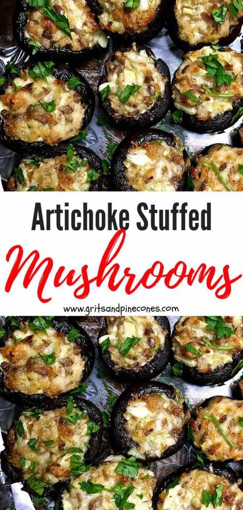 Artichoke Stuffed Mushrooms, Super Bowl Snack Recipes, Super Bowl Food Easy, Super Bowl Snack, Artichoke Stuffed, Mushrooms Stuffed, Party Food Recipes, Baked Artichoke, Healthy Superbowl