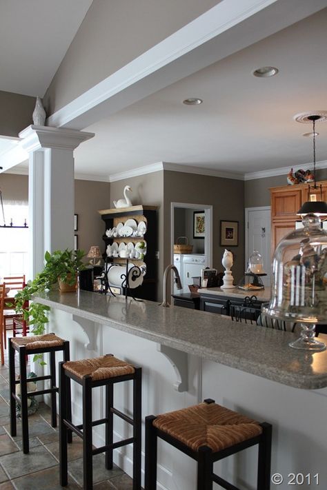 hmmm...could I give up my top cabinets in my kitchen if I did this to open up into my great room. food for thought I guess. love the end result! Easy Bar, Casa Country, Favorite Paint Colors, Sticks And Stones, Kitchen Redo, Bar Top, Kitchen Paint, Kitchen Remodel Idea, Design Decor