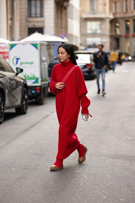 Red Wardrobe, Bright Scarf, Green Sweater Dress, Sweater Dress Oversized, Red Monochrome, My Rules, Wearing Color, Winter Mode, Fashion Photography Inspiration