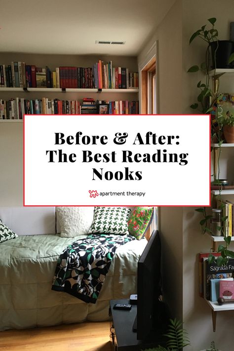 See five of the best, most inviting reading nook and home library redo projects. Apartment Nook Ideas Small Spaces, Small Closet Reading Nook For Adults, Reading Nook Inspiration, Closet Converted To Reading Nook, Turning A Closet Into A Reading Nook, Closet Into Book Nook, Small Book Nook Ideas, Closet Reading Nook For Adults, Tiny Reading Nook