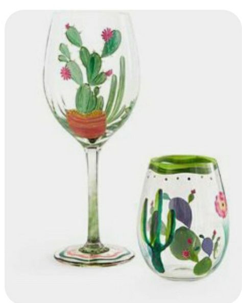 Cactus Motif, Cactus House Plants, Cactus Party, Cactus Types, Hand Painted Glasses, Cactus Painting, Patio Party, Painted Glasses, Painted Wine Glasses