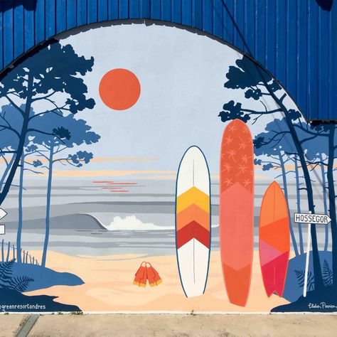 Ocean Mural Painting, Surfboard Mural, Surf Mural, Havana Beach, Deco Surf, Ocean Mural, Surfer Art, Beach Mural, Cafe Wall Art