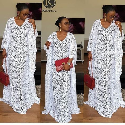 BOUBOU STYLES – THE ASO-EBI JUNKIE! Lace Boubou Styles For Women, Lace Boubou, African Attire For Women, Boubou Styles, Boubou Styles For Women, White Lace Gown, Kimono Gown, African Lace Styles, African Outfits