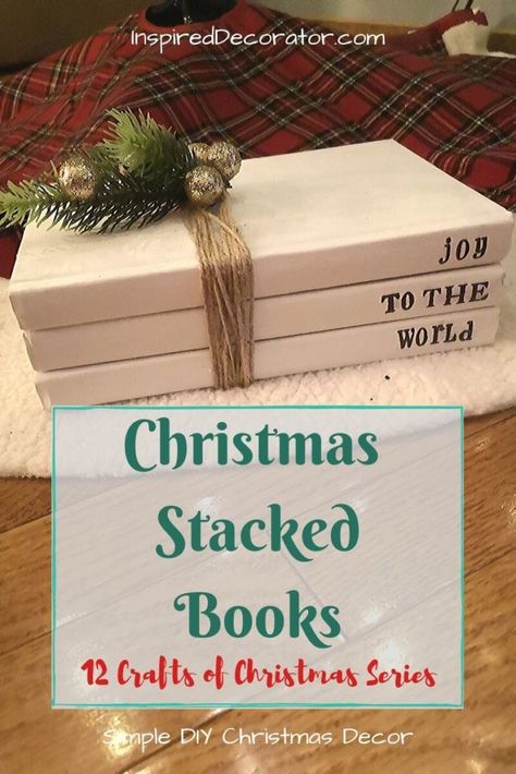 3 Books Stacked Christmas, Christmas Book Decorations Diy, Christmas Stacked Books Diy, Christmas Decor Books, Christmas Book Stack Decor, Stacked Books Decor Diy Christmas, Christmas Wooden Books, Christmas Stacked Books, Christmas Book Stacks Diy