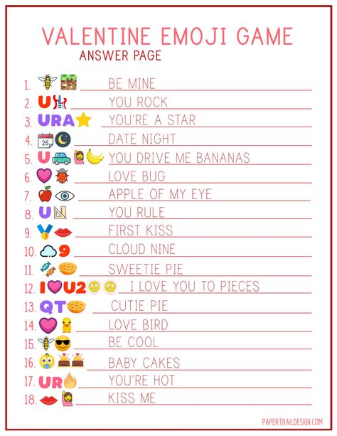 Print this Valentine's day emoji answer sheet so you can make sure that the Valentine emoji guessing game doesn't stump you. Couple Games For Valentine's Party, Valentines Games For Adults At Church, Valentines Day Group Activities, Valentine Ice Breaker Games, Valentines Day Emoji, Valentines Activities For Couples, Valentine Emoji Game, Valentine’s Day Questions, Valentines Day This Or That