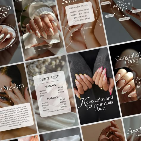 Nail Salon Social Media Posts, Nail Salon Instagram Feed, Nail Tech Instagram, Artist Social Media, Templates For Instagram Stories, Instagram Layouts, Media Branding Design, Ig Feed Ideas, Salon Quotes