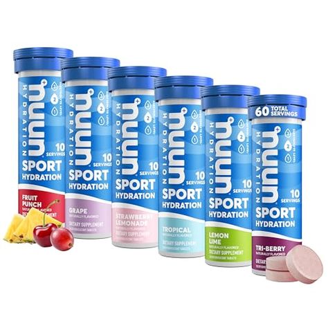 Nuun Sport Electrolyte Tablets for Proactive Hydration, Variety Pack, 6 Pack (60 Servings) Electrolyte Tablets, Nuun Hydration, Electrolyte Drink, Hiking Pack, 10 Count, Sports Drink, Fruit Punch, Strawberry Lemonade, Vitamin Supplements