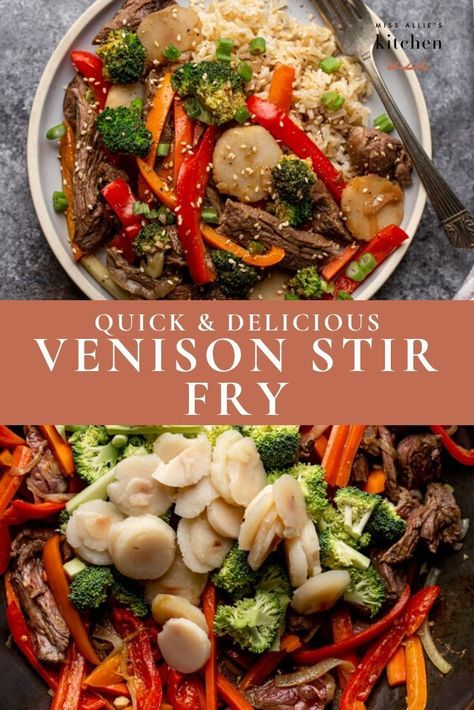 If you are short on motivation or time, this Venison Stir Fry is the perfect quick recipe to pack in a bunch of veggies and lean protein. The key to this recipe is a simple marinade for the venison to make sure it is nice and tender. This stir fry can be made in less than 15 minutes, so get off the couch and get cooking! #easydinnerideas #healthydinnerideas #wildgame #wildgamecooking #venison #deermeat #venisonrecipes #quickmeals Cheap Venison Meals, Deer Steak Dinner Ideas, Whole 30 Venison Recipes, Venison Pepper Steak, Venison Chunks Recipes, Healthy Venison Recipes Clean Eating, Canned Venison Recipes Dinners, Deer Roast Recipes, Ground Venison Recipes Easy