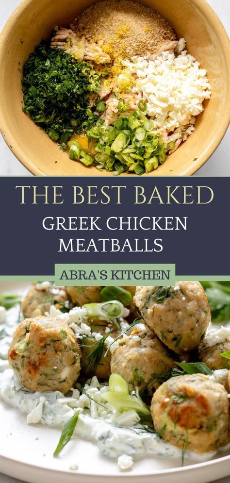 These healthy oven-roasted Greek Chicken Meatballs are bursting with vibrant Mediterranean flavors. Made with ground chicken, feta cheese, fresh herbs, and spices these healthy meatballs are perfect for meal prep or a delicious weeknight dinner. Chicken Zucchini Feta Meatballs, Mediterranean Chicken Meatball Recipes, Moroccan Chicken Meatballs, Mediterranean Chicken Burgers, Turkey Meatball Dinner Ideas Healthy, Ground Turkey Greek Meatballs, Healthy Dinner With Ground Chicken, Greek Meatball Meal Prep, Chicken Zucchini Meatballs With Feta