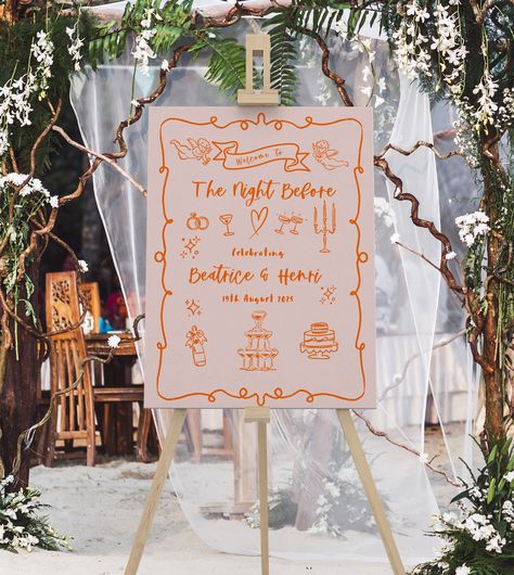 Wedding Rehearsal Dinner Sign, Night Before Celebration Sign, Whimsical Scribble Illustration, French Inspired, Peach, Orange, Editable Instant Download This fully editable "night before" Welcome Sign template is perfect for weddings, parties, and other special events! Template includes a Canva file with  3 different sign sizes. You can personalise your signs using Canva - a free, easy to use online design tool.  *MATCHING ITEMS* BEATRICE comes in many different colour ways with lots of matching Colorful Rehearsal Dinner Decor, Cute Signs For Weddings, Chic Wedding Signage, Greece Theme Wedding, The Night Before Sign, Scribble Illustration, Europe Elopement, Morocco Wedding, Rehearsal Dinner Sign