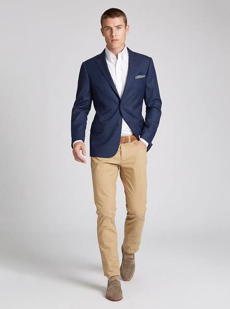 Blue And Khaki Outfit, Khaki Outfit Men, Tan Blazer Outfits, Blue Blazer Outfit Men, Sport Coat Outfit, Blue Blazer Outfit, Blue Blazers, Khaki Pants Outfit, Khakis Outfit