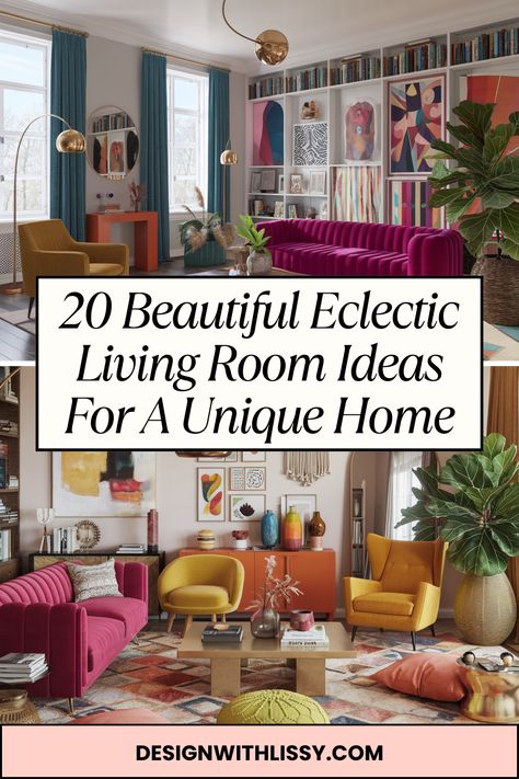 Transform your space with these inspiring eclectic living room designs! Whether you love boho, modern, or vintage decor, find unique ways to mix styles, patterns, and textures for a harmonious and inviting room. #InspiringInteriors #LivingRoomStyle #EclecticHomeDecor Eclectic Living Room Ideas, Modern Eclectic Decor, Eclectic Living Room Design, Eclectic Decor Modern, Statement Rugs, Mismatched Furniture, Kathleen Lights, Creative Design Ideas, Eclectic Living