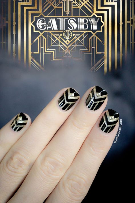 The Great Gatsby inspired nails.  Click to see the Gatsby nail art tutorial. Great Gatsby Nails, Gatsby Nails, Art Deco Nails, Orange Nails, Prom Nails, The Great Gatsby, 3d Nail Art, Nail Art Inspiration, Nail Art Tutorial