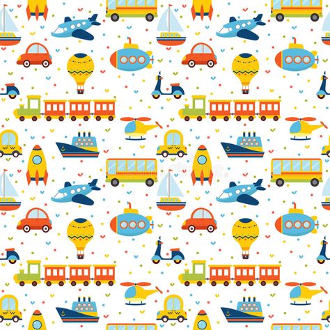 Seamless pattern with colorful cartoon transport. Cute background with hearts stock illustration Transportation Birthday Party, Train Wallpaper, Cute Background, Car Birthday Theme, Cars Theme Birthday Party, Hello Kitty Backgrounds, Cute Cartoon Images, Baby Themes, Picture Logo