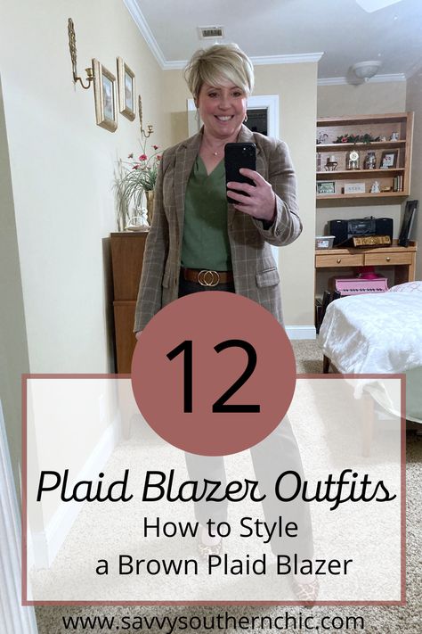 Outfits With Plaid Blazer, Brown Plaid Blazer Outfit Casual, Sport Coat Outfit Women, Brown Plaid Blazer Outfit Work, Styling A Plaid Blazer, Brown Check Blazer Outfit Women, Plaid Blazer Outfit Women Work, Brown Plaid Blazer Outfit Women, Brown Houndstooth Blazer Outfit