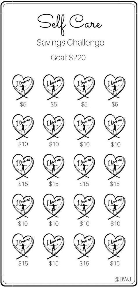 Needing to set aside some extra money for taking care of ourselves is extremely important. This self care mini challenge is a way to help obtain that goal on a low budget. Each icon represents the amount that is needed to be saved, color as you go along and at the end you will have $220! Peace & Love!! Printing Information: *Digital Download  *This is printed on 8.5 x 11 US letter size paper *Once printed, cut and place inside your A6 envelope  *Color will vary depending on ink and printer Discl Self Care Money Savings Challenge, Mini Challenge Ideas, Envelope Stuffing Budget, Clothing Savings Challenge, Self Care Savings Challenge, Challenge Self Care, Mini Savings Challenge, Saving Money Chart, Money Chart