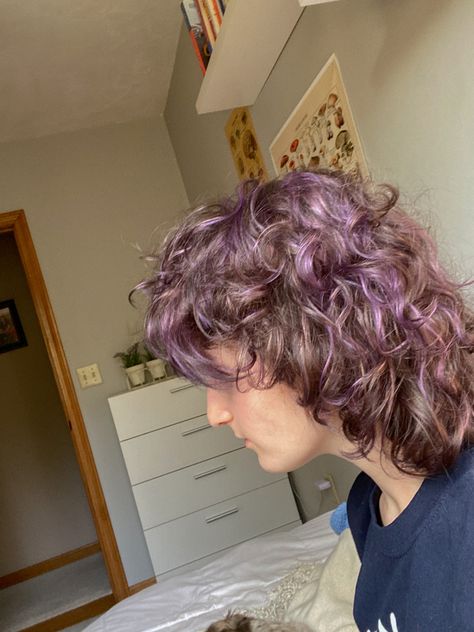 white non-binary young adult looking to the side. they have curly hair that is a mix of lavender and brown in color Brown Curly Hair With Purple Highlights, Purple Hair Curly Short, Brown And Lilac Hair, Curly Hair With Purple Highlights, Lavender And Brown Hair, Curly Hair Purple Highlights, Purple Highlights Light Brown Hair, Lavender Highlights Brown Hair, Lilac Curly Hair