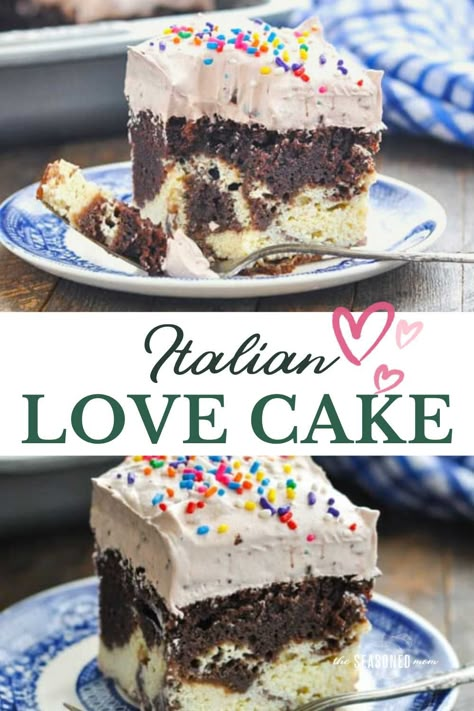 This chocolate Italian Love Cake starts with a boxed cake mix for an easy dessert recipe that only looks fancy! With chocolate, sweet ricotta, and a whipped pudding topping, the layered Italian cake is moist, rich, and perfect for Valentine's Day, birthdays, or any other special occasion! Birthday Cakes For Husband, Study Meals, Chocolate Italian Love Cake, Whipped Pudding, Italian Love Cake, Easy Birthday Desserts, Love Cake Recipe, Chocolate Lovers Cake, Sweet Ricotta