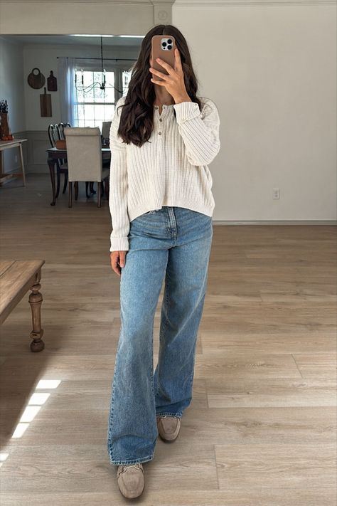 No Boundaries Henley Sweater, … curated on LTK Long Sleeve Henley Outfit, Henley Top Outfit Aesthetic, Henley Sweater Outfit, Henley Top Outfit, Mommy Outfits, Mom Jeans Outfit, High Rise Wide Leg Jeans, Henley Sweater, Aesthetic Outfit Ideas