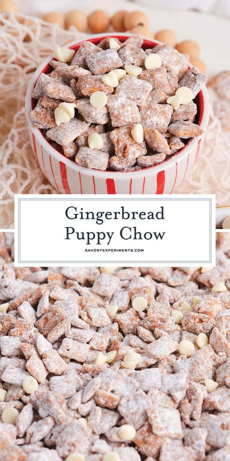 In this Gingerbread Puppy Chow, sweet, spiced chocolate coats crispy Cinnamon Chex for a snack you'll want to keep around all year! Different Flavor Puppy Chow, Cinnamon Puppy Chow, Cute Holiday Snacks, Puppy Chow Thanksgiving, Holiday Party Mix Recipes, Puppy Chow Popcorn, Gingerbread Puppy Chow, Gingerbread Chex Mix Recipes, Captain Crunch Puppy Chow