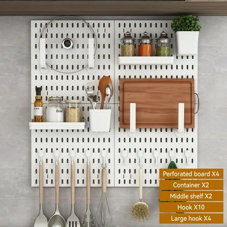 Shelf Shelves Punch-Free Storage Shelf Peg Boards Hole Plate Peg Board Feature: 1. 100% new plastic, safe and hygienic 2. Nordic simple style, good appearance, easy to disassemble, free combination of accessories 3. Storage on the wall saves space, drains and ventilates water, prevents water accumulation and reduces bacterial growth. 4. The snap-on buckle can be installed with bare hands and weighs 15 kg. Product Description: Detail: Thickened structure, stronger weighing, rounded corners, safe Pegboard Kitchen Organization, Peg Board Kitchen, Kitchen Pegboard, Pegboard Kitchen, Crafts Organization, Pegboard Wall, Hanging Wall Organizer, Ny Apartment, Peg Boards