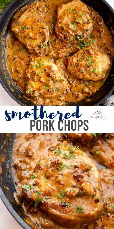 Gravy Dinner Ideas, Dinner Recipes Pork, Smothered Pork Chops Recipe, Bacon Gravy, Boneless Pork Chop Recipes, Smothered Pork, Easy Pork Chops, Recipes Pork, Pork Chop Recipes Baked