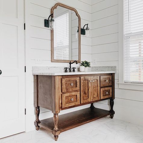 Lauren on Instagram: “The main element I really wanted in our house when we were building was to somehow incorporate a classic, old farmhouse feel where we…” Double Vanity Lights, Paneling Ideas, Shiplap Paneling, White Laundry Rooms, Black Window Frames, Wooden Beams Ceiling, Vintage Sink, White Accent Pillow, Countertop Sink