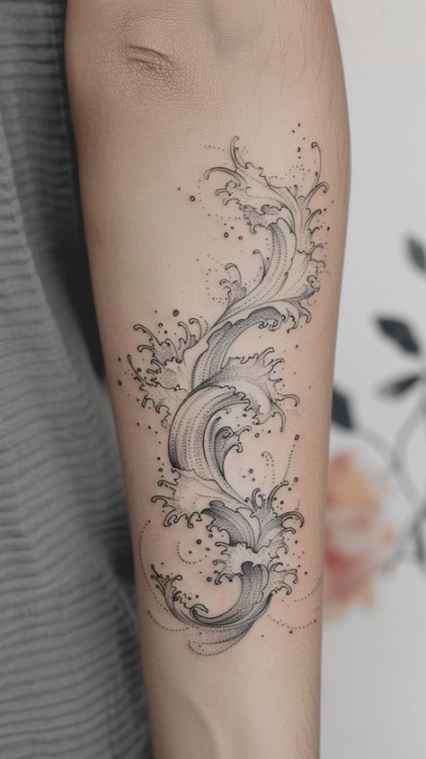 Water Wrap Tattoo, Water Splash Tattoo, Water Sleeve Tattoo, Aquatic Tattoos, Wicked Tattoo Ideas, Water Tattoo Ideas, Splash Tattoo, Aquatic Tattoo, Water Tattoos