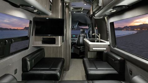 Select which Airstream Touring Coach decor option is the perfect match for your style and taste. See more on our blog.   Formal Black  Refined Brown Modern Greige Lux White Airstream Interstate 19, Best Small Rv, Small Rv Campers, Small Camper Vans, Airstream Interstate, Class B Rv, Small Rv, Rv Interior, Camper Vans