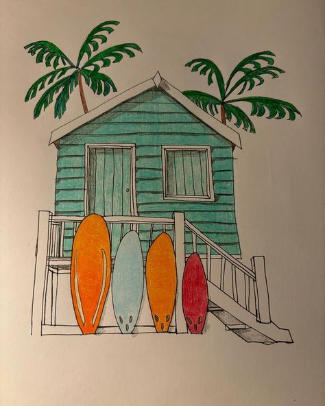 How do I turn this into a real place? #ink #coloredpencils #art #surf Beach Sketches Pencil, Beachy Digital Art, Painting Of Surfboards, Beach Hut Drawing, Beach Watercolor Ideas, Beachy Drawings Ideas, Hawaii Aesthetic Drawing, How To Draw A Surfboard, Watercolor Paint Ideas Easy