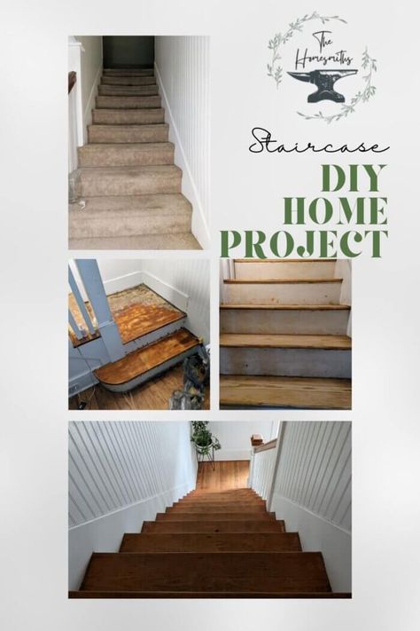 Refinishing Stairs: A step by step process How To Refinish Stairs, Steps In House, Refinishing Stairs, Refinish Stairs, White Stairs, How To Remove Glue, Removing Carpet, Diy Staircase, White Guy