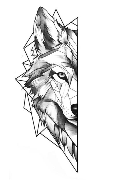 Origami Wolf Tattoo, Wolf Geometric Tattoo Design, Wolf Tattoo Outline, Black Wolf Tattoo, Wolf Line Art, Wolf Pack Tattoo, Aj Tattoo, Animal Stencil Art, Geometric Wolf Tattoo