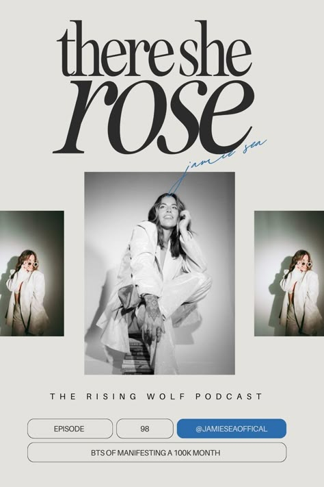 In this episode of the There She Rose Podcast, learn what Wealth Expansion Coach and CEO of the Rising Wolf, Jamie Sea (@jamieseaofficial) didn't have to do, and what she DID do to manifest 100K months in her business! #femaleentrepreneur #mindsetcoach #wealthcoach #moneymindset #moneycoach Podcast Episode Cover Design, Podcast Photoshoot, Hiring Poster, Instagram Design Ideas, Wellness Branding, Club Look, Content Social Media, Podcast Cover, Podcast Studio