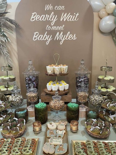 Dessert Table Teddy Bear Theme, Teddy Bear Sweets Table, Teddy Bear Treat Table, We Can Bearly Wait Dessert Table, Teddy Bear Candy Table, Bear Baby Shower Dessert Table, Baby Boy Teddy Bear Shower Ideas, Teddy Bear Baby Shower Theme Treats, Bear Dessert Table