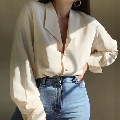 LUNARES on Instagram: “Vintage cream 100% silk button up blouse. Best fits a s-l, depending on desired fit (bust: 40”, length: 26”). $38 + shipping. Ships…” Cream Button Up, Cream Button Up Shirt Outfits, Cream Blouse Outfit, Button Blouse Outfit, Silk Button Up Outfit, Silk Blouse Outfit, 2024 Fits, Grad Shirts, Clothes Wishlist