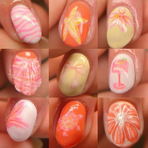 ENDING MY CAREER NOW BC WHAT THESE ARE MY FAV  Freestyle short almond structured manicure luminary gel nails art inspo complex nail art colorful pink zebra stripes starfish tropical flower margarita drink grapefruit pink palm trees ribbon bow sea turtle artistic patterns detailed phone case tropical summer vibes nails aesthetic light yellow coral pink phone case nails freestyle seashell nails 3d trendy Tropical Flowers Nails, Coral Reef Nails, Tropical Nails Short, Light Coral Nails, Short Tropical Nails, Aesthetic Light Yellow, Girly Summer Nails, Light Summer Nails, Grapefruit Nails