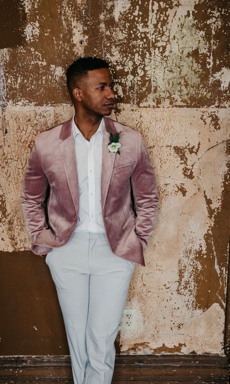 This moody winter Degas-inspired wedding design with the best groom style. I hope a groom isn't moody at his wedding! A velvet jacket adds dimension to this look, with the light bouncing off. White pants and a white button add can make this look appropriate for winter or a laidback summer wedding.#VidaChicWeddingandEvents #DestinationWeddingPlanner #WeddingDetails Velvet Jacket Men, Indian Reception, Sequin Suit, White Tux, Indian Groom Wear, Boho Desert, Off White Pants, Classy Suits, Wedding Party Ideas