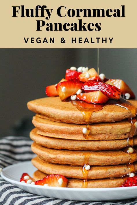 Apr 17, 2021 - Super fluffy, vegan cornmeal pancakes for a delicious and nutritious breakfast. Enjoy on the weekend or meal prep in advance for the week! Pancakes From Scratch Easy, Pancakes Coconut Flour, Pancakes Almond Flour, Pancake Recipe Fluffy, Banana Pancakes Vegan, Pancake Recipe Healthy, Pancake Protein, Easy Pancake Recipe, Vegan Winter Recipes