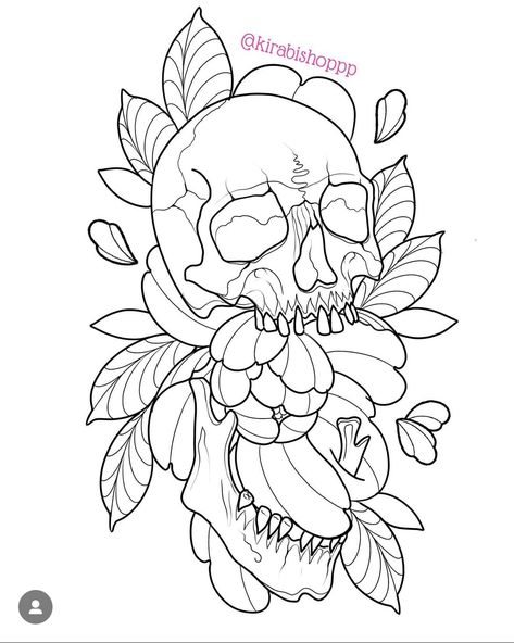 Skull And Roses Coloring Pages, Skeleton Flower Drawing, Skull Tattoo Design Outline, Skull And Flower Drawing, Skull Stencil Tattoo, Skull Flower Drawing, Neo Traditional Tattoo Stencil, Skull And Flowers Tattoo Design, Skull In Flower