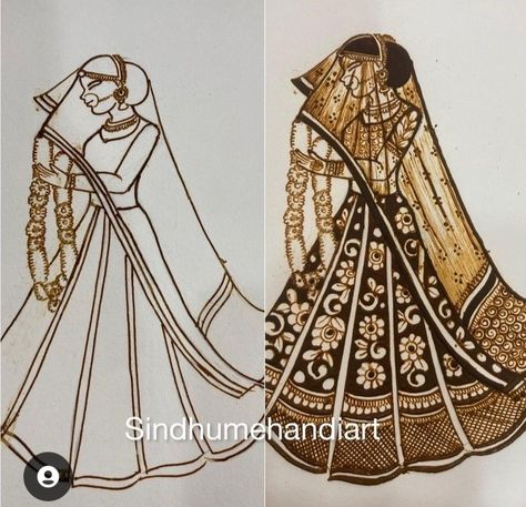 How To Draw Dulhan In Mehndi, Full Bride Figure Mehndi, Bride Figures In Mehndi, Bride Groom Figure Mehandi, Portrait Mehndi Designs, Bridal Mehendi With Figures, Bridal Face Mehendi Design, Bridal Figure Mehndi Designs, Indian Bride Drawing