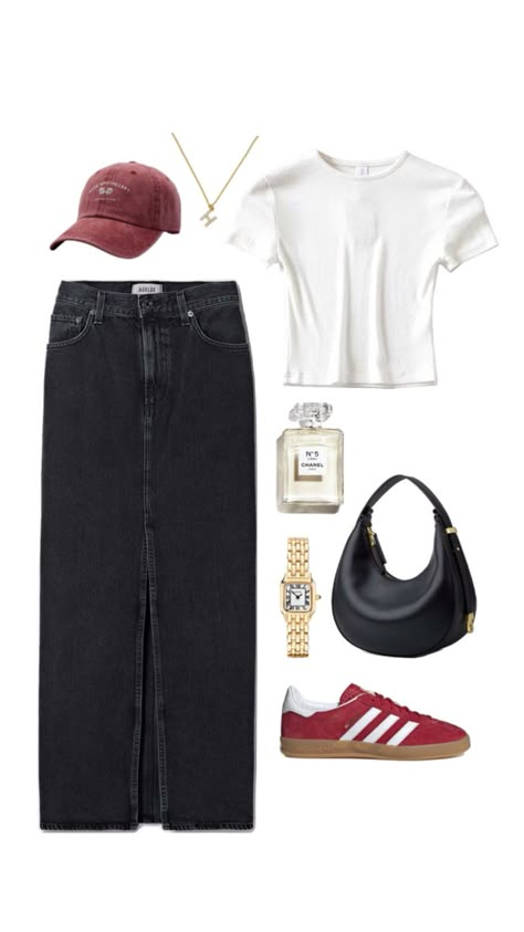 Spring outfit idea, fashion inspiration, fit inspo, red adidas gazelle, red cap, denim skirt, golden watch Adidas Gazelle Red, Red Adidas Gazelle, Red Top Outfit, Red Shoes Outfit, High Waist Denim Skirt, Spring Outfit Idea, Golden Watch, Jean Skirts, Everyday Fashion Outfits