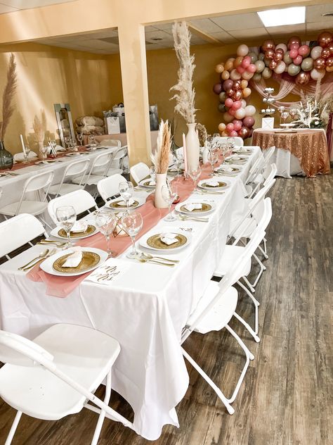 Indoor Brunch Decor, Bacherlotte Party Decor Table, Rectangle Table Layout For Party, Rectangle Table Set Up For Party, Bridal Shower Seating Ideas, Wedding Round And Rectangular Tables, Quince Rectangle Tables, Rectangle Reception Tables Layout, Rectangle Table Baby Shower Layout