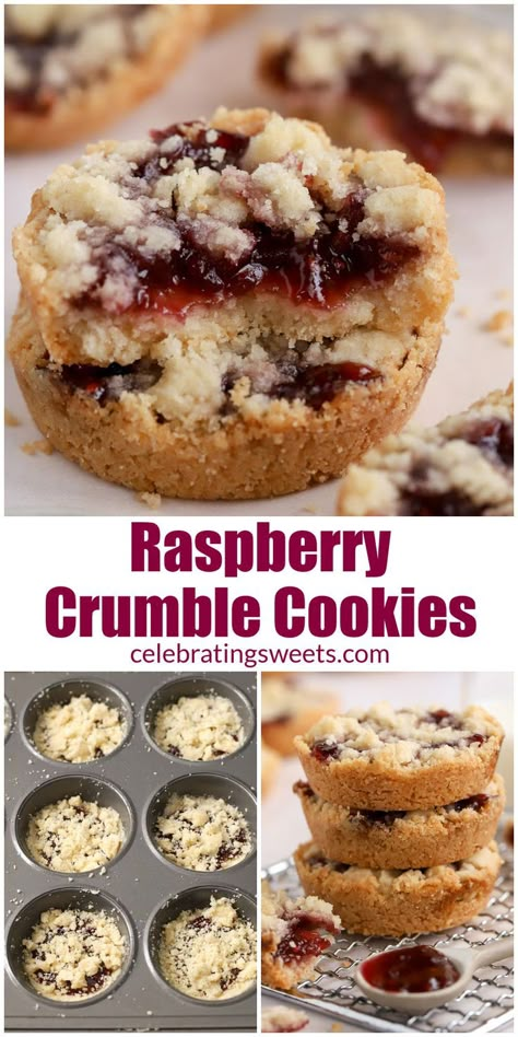 close up image of a crumbly cookie with raspberry jam popping out Raspberry Crumble Cookies, Tea For Breakfast, Raspberry Cookie Recipes, Celebrating Sweets, Crumble Cookie Recipe, Raspberry Crumble, Crumble Cookies, Crumble Cookie, Raspberry Cookies