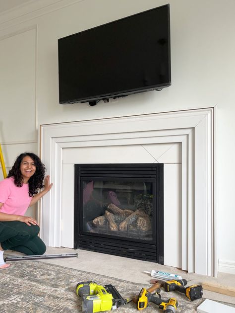 How to build a fireplace surround progress Build A Fireplace Surround, Modern Fireplace Surround, Easy Diy Fireplace, Fireplace Surround Diy, Diy Fireplace Surround, Diy Fireplace Makeover, Mantle Ideas, Fireplace Frame, Gorgeous Fireplaces