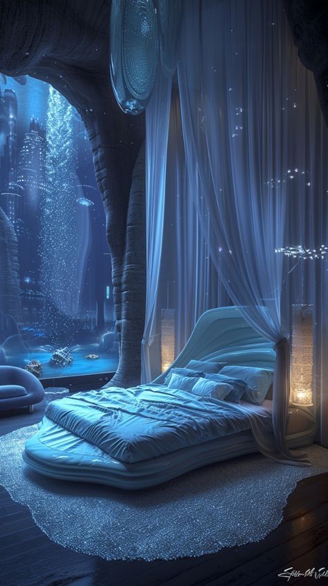 Fantasy Ocean Bedroom, Water Bedroom Aesthetic, Atlantis Bedroom, Blue Fantasy Bedroom, Avatar Themed Room, Mermaid Bedroom Aesthetic, Water Bedroom, Ocean Inspired Bedroom, Mermaid Palace