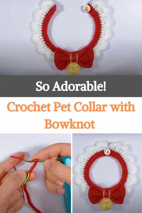 In today’s easy video tutorial, you will learn how to crochet a pet collar with a bowknot and a bell as decoration. This is a beginner-friendly tutorial with step by step slow demonstration. We think this collar is pretty festive! so it would be great for your cat or dog to use it in the coming holiday season! For this time, the author opted for a 100% acrylic yarn, about 2mm wide in red, white, and yellow for the little bell detail, and a 3mm crochet hook. Just make this adorable accessory... Crochet Pet Collar, Christmas Pet Collar, Christmas Cat Collar, Dog Collar Pattern, Crochet Collar Pattern, Crochet Pet, Crochet Bib, Christmas Dog Collar, Valentines Crochet