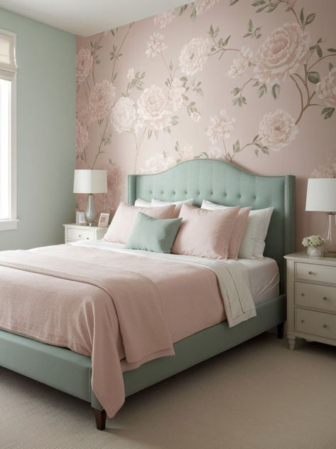 #bohodecor #chicdecor #homedecor #bohostyle #interiordesign #decorinspiration #diydecor #homestyling #bohemian #decorideas Bedroom Wall Paint Ideas, Pink Bedroom Accessories, Pink Wallpaper Bedroom, Mint Green Bedroom, Wall Paint Ideas, Mint Green Rooms, Mint Bedroom, Statement Wallpaper, Dream Bedroom Inspiration